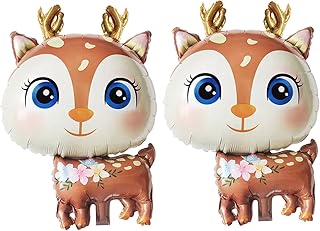 CHIL 2Pcs Deer Balloons Foil Woodland Deer Shaped Animal Balloons Cartoon Animal Deer Wildlife Balloons for Jungle Safari Themed Kids Birthday Party Decorations