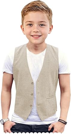 AKsit Boys Formal Linen Suit Vest 3-Button Single Sleeveless Vests 2 Slit Pockets for Kids 2-20Y