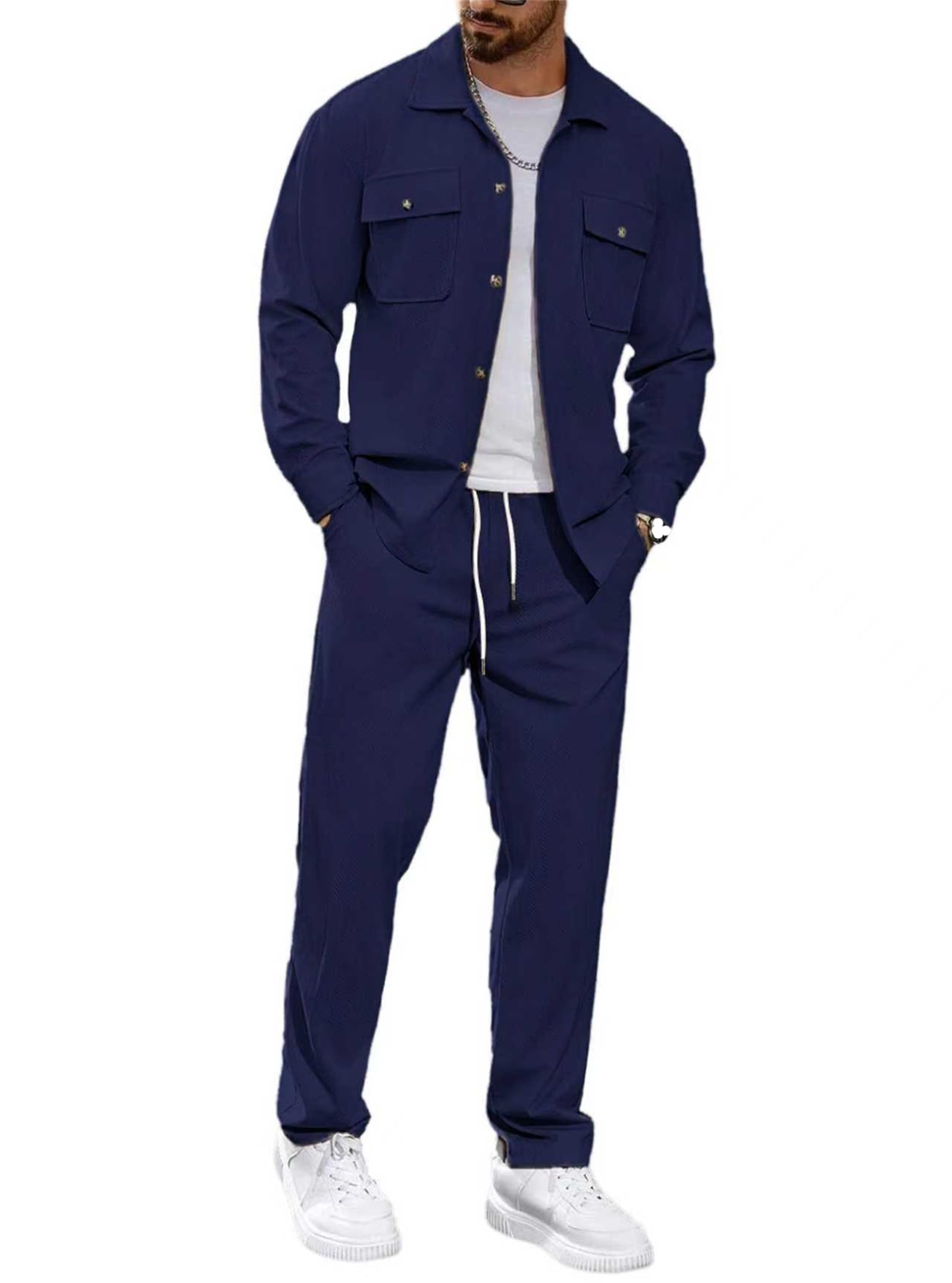 Giacca sportiva casual da uomo, per autunno e inverno, con risvolto, per il tempo libero, il poliziotto, per passeggiate all'aperto, alla moda, pantaloni da trekking a gamba dritta