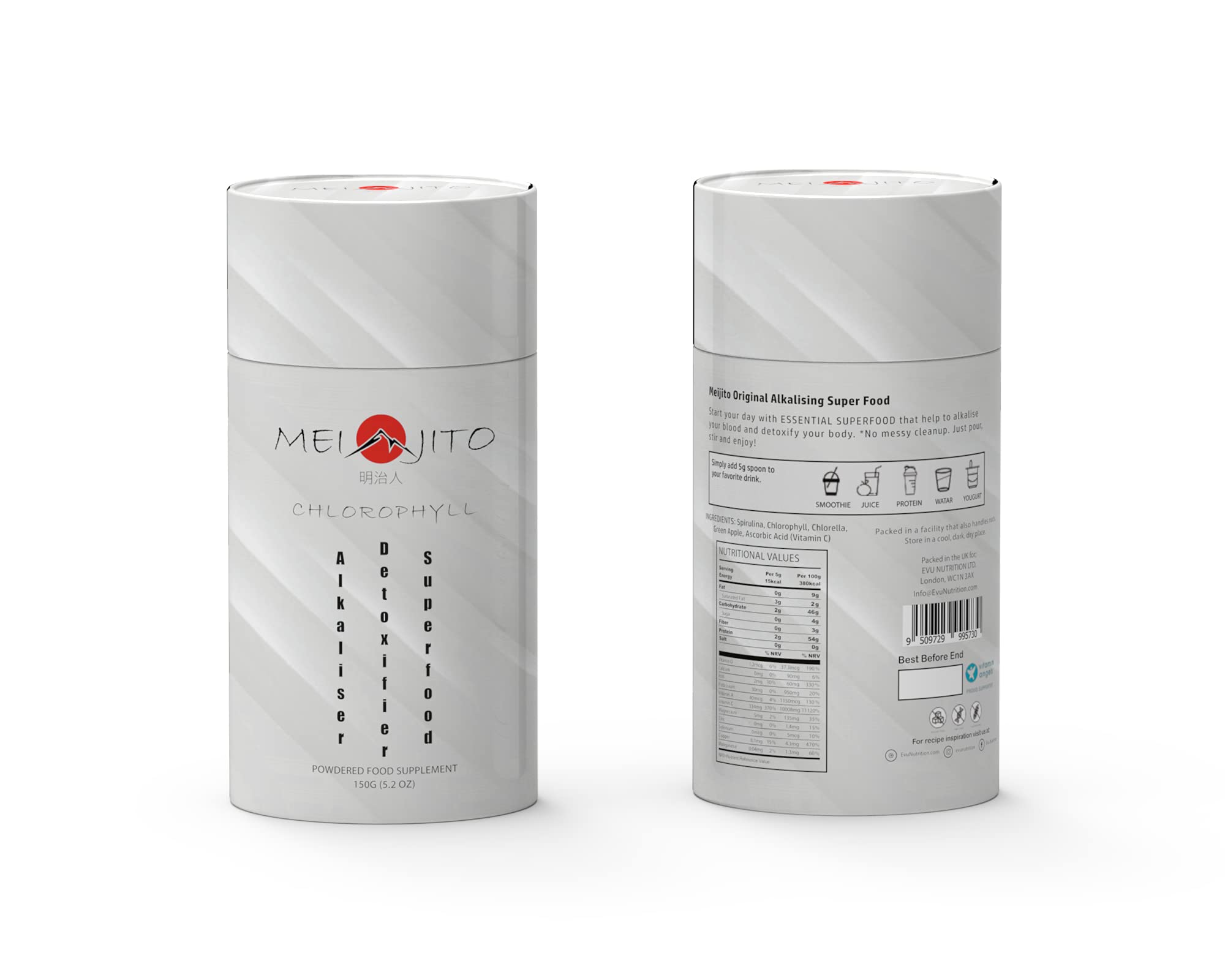 MEIJITO Chlorophyll Plus Alkalizer and Detoxifier Superfood Blend - Organic Clorophyll, Spirulina, Chlorella, Green Apple, Vitamin C 150g Food Supplement. Detoxify The Japanese Way!