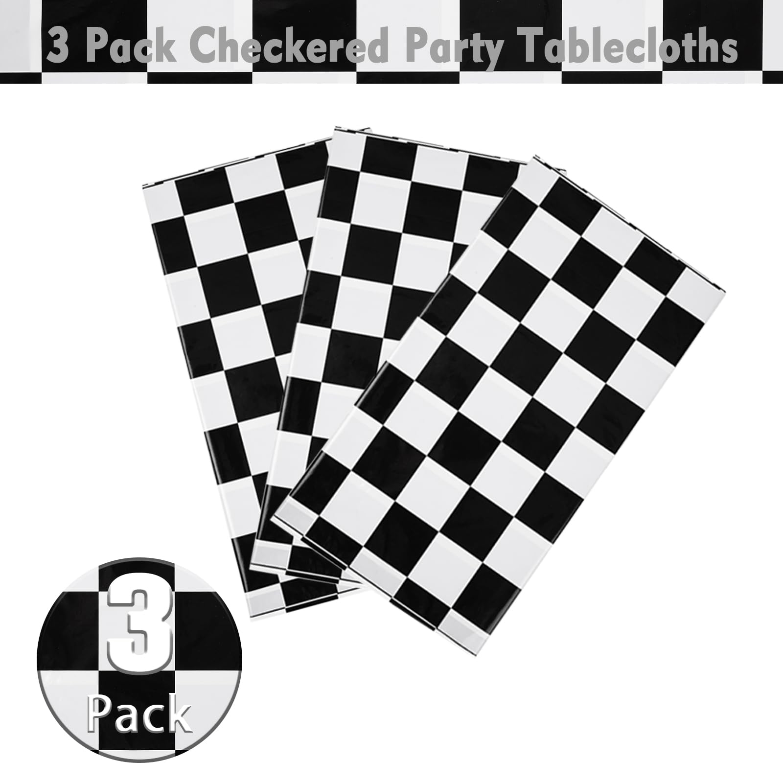 Kesfey Paquete de 3 manteles a cuadros blancos y negros de 54 x 108 pulgadas, desechables, de plástico, bandera a cuadros, impermeable, rectangular, para picnic, fiesta, celebración retro