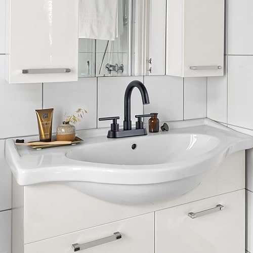 Miniatura 8 de Grifos de baño para fregadero de 3 agujeros, bronce aceitado de 4 pulgadas, grifo de fregadero central para baño con drenaje emergente y 2 mangueras