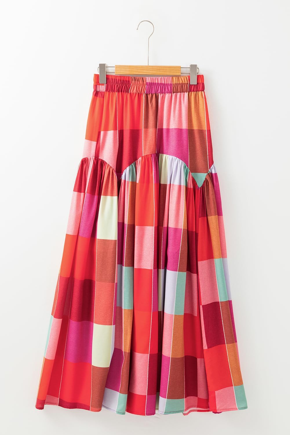 Women's Multicolour Plaid Print Ruched High Waist Casual Maxi Skirt