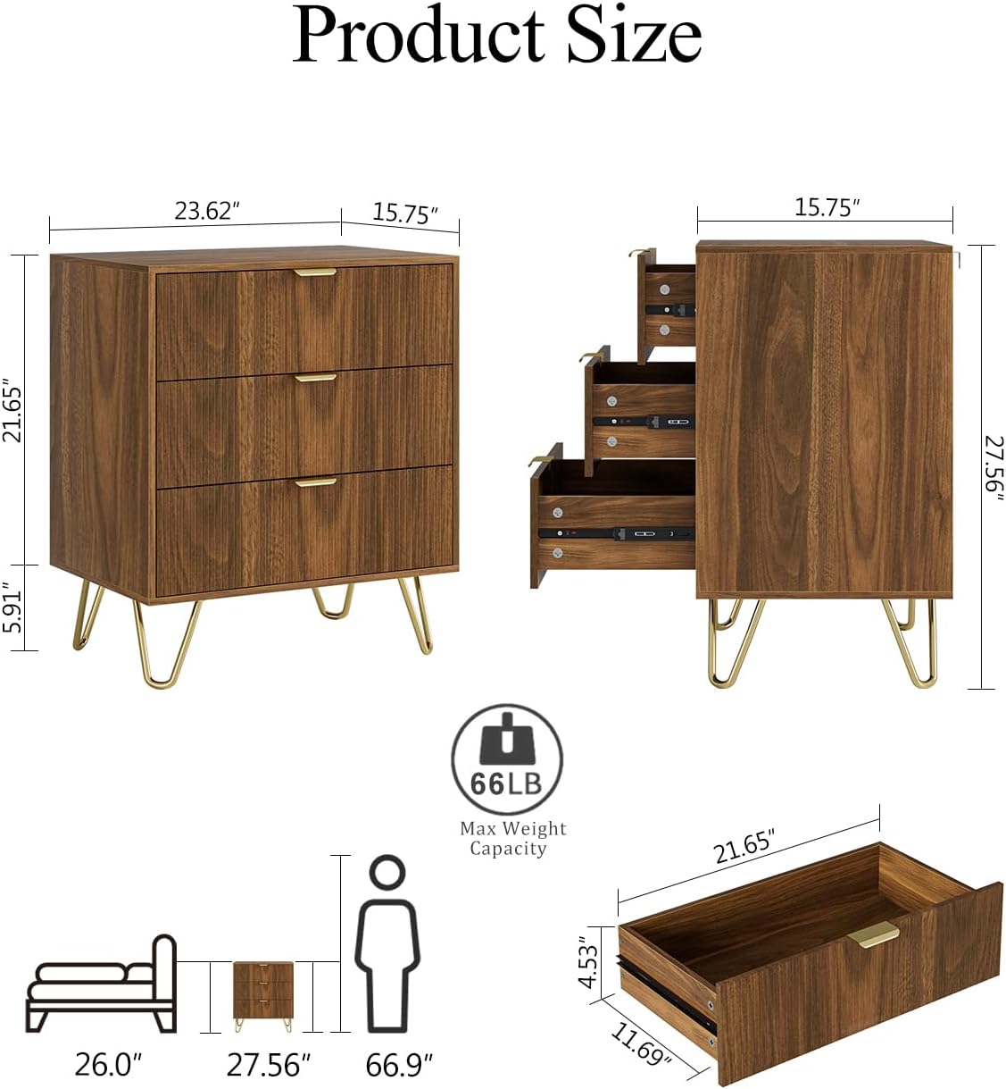 Walnut Dresser for Bedroom, Modern Fluted 3 Drawer Dresser with Storage, Dresser Chest of Drawers with Gold Handles for Bedroom, Living Room, Closet, Hallway, 15.8" D x 23.6" W x 27.6" H