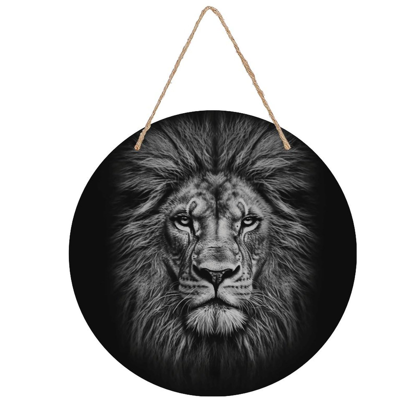 VstaDank Black And White Lion Head Wall Decor Round Wood Hanging Sign 7.9x7.9 in Wooden Circle Door Hanger with Ropes, Rustic Wall Art Decor for Home Front Door Indoor Outdoor Decoration