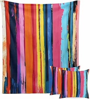 Colorful Striped Throw Blanket Set with 2 Square Pillow Covers, Modern Rainbow Abstract Graffiti Art Soft Cozy Flannel Blankets for Couch, 60"x 80" Bed Blanket & 18"x 18" Decorative Pillowcase