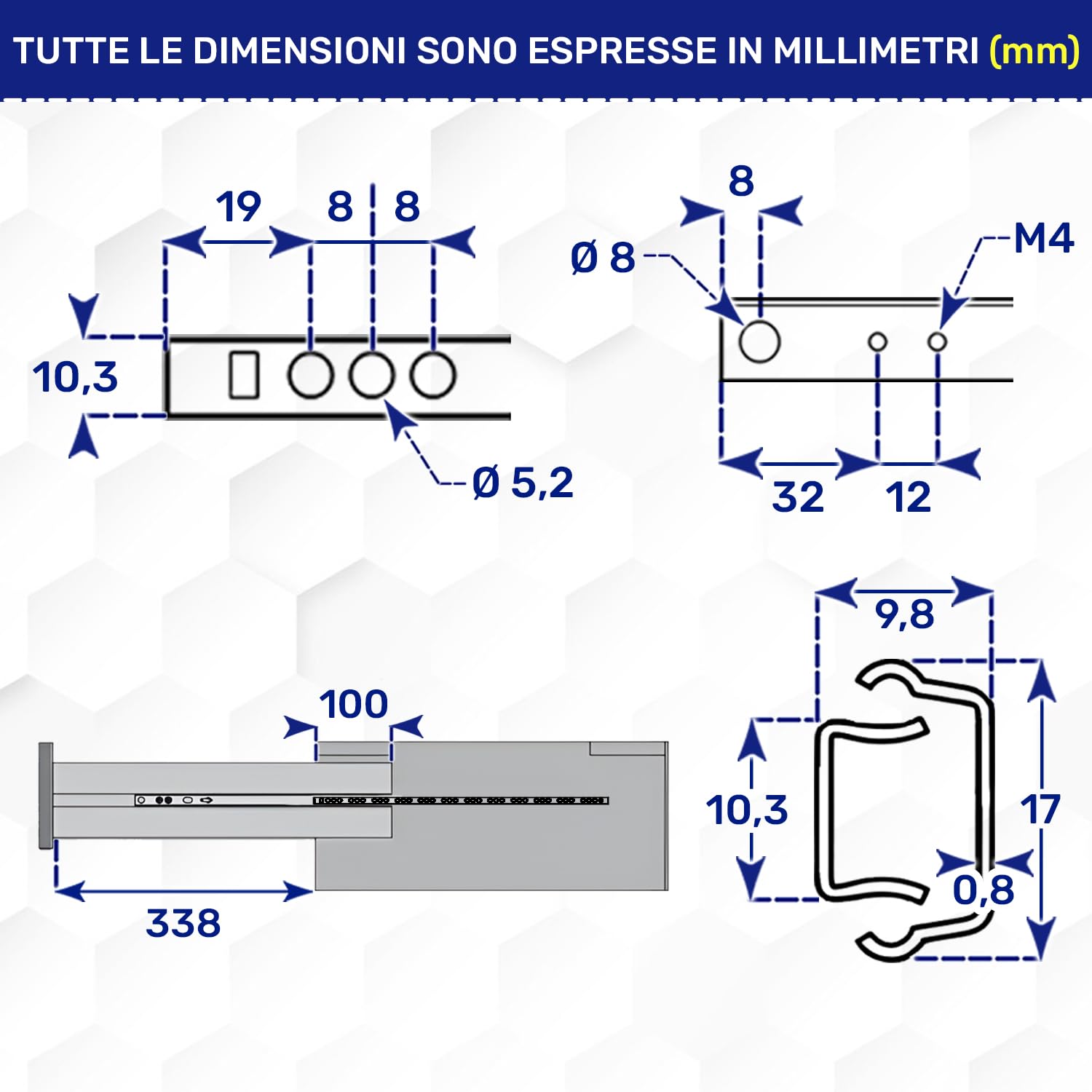 1 Coppia Guide per Cassetti con Cuscinetti a Sfera 438 mm x H 17 mm - Telescopiche Guide Cassetti Scorrevoli Hanno Un'estensione Parziale di 338 mm - Garanzia di 10 Anni - MONTERAL
