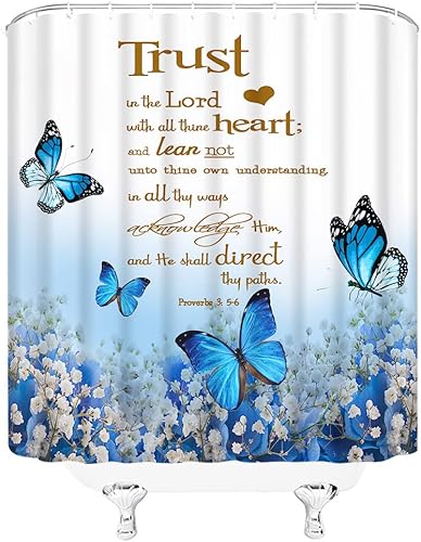 Miniatura 10 de GCTNBJL Cortina de ducha con frase inspiradora, con frase en inglés "Trust in The Lord", rústica, granja, floral, flores amarillas, mariposa,
