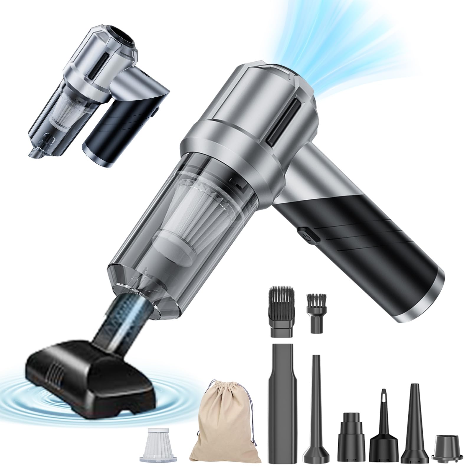 CHOLANG 15000PA Mini Aspirateur Sans Fil, 3 In 1 Aspirateur Voiture Avec Moteur Brushless Et Filtre En Acier Inoxydable,Portable Type-C Wet-Dry Pour La Voiture, La Maison Et Le Bureau