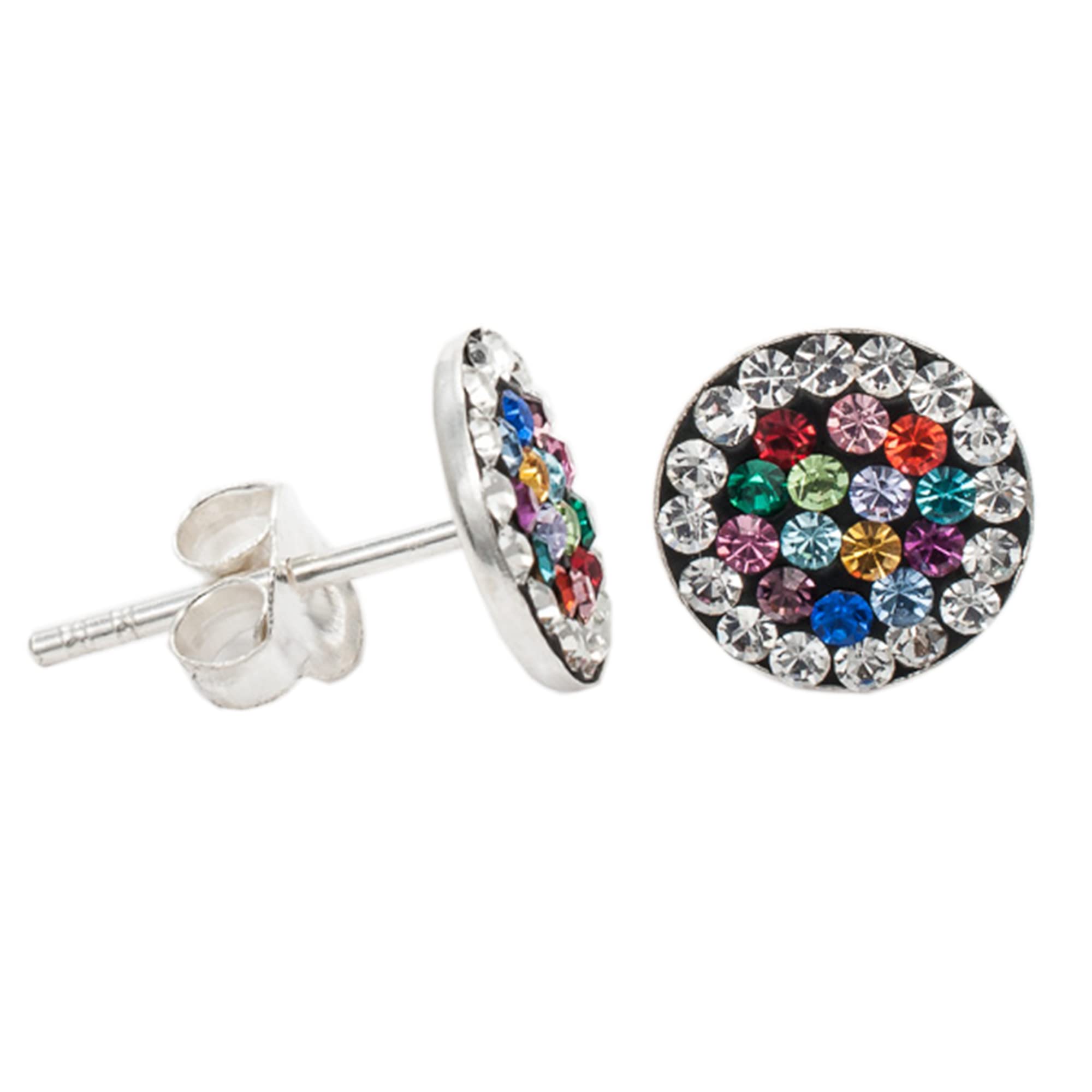 ENTREPLATA Pendientes de Plata de Ley 925 Mosaico Microseting para Señora Mujer Chica Joven con Pequeñas Circonitas Multicolor Brillantes 8 mm.