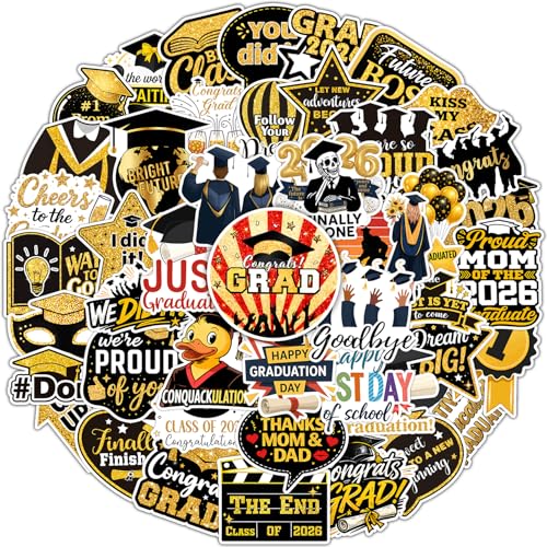 50pcs Graduation Stickers 2026 College Stickers Class of 2026 Stickers for Graduation Decorations 2026 Graduation Gifts Waterproof Vinyl Stickers for Scrapbook Water Bottle Laptop Skateboard