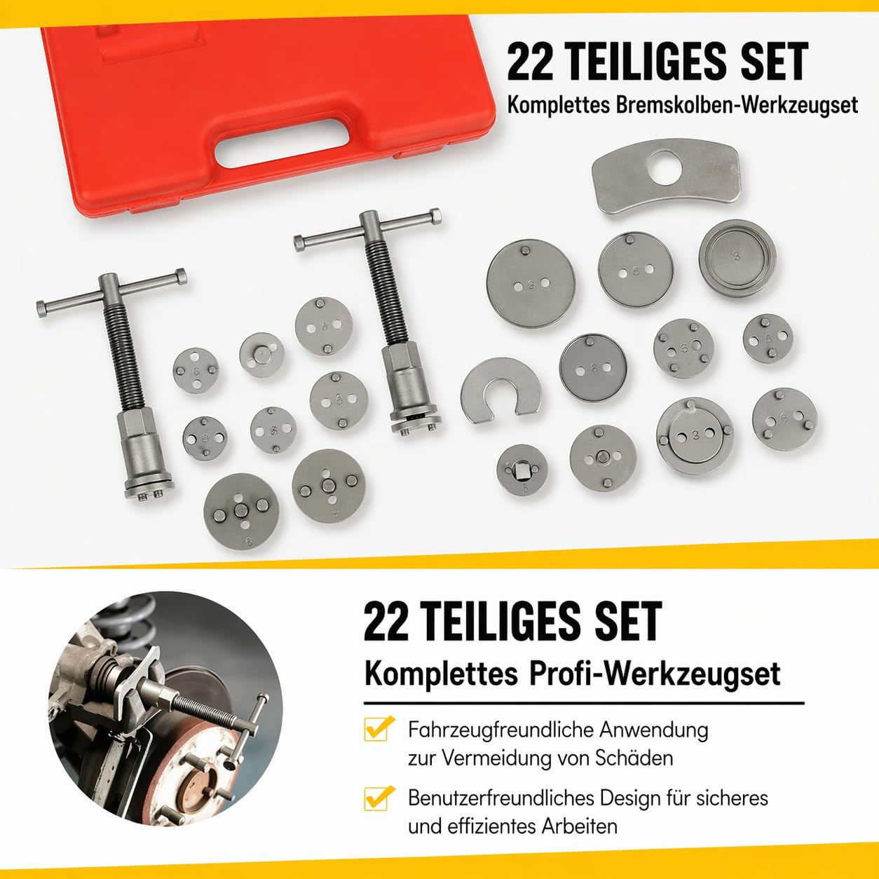 Bremskolbenrücksteller Set 22 TLG – Universal Bremssattel Werkzeug mit Rechts/Links Gewinde – Für PKW, VW, Audi, BMW – Profi Bremskolben Rücksteller inkl. Koffer