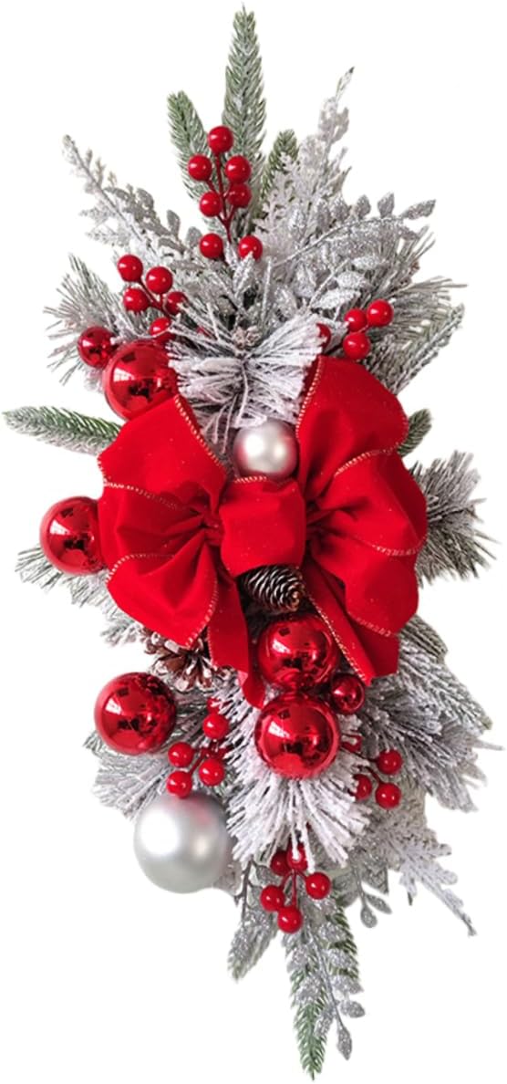 Levemolo Stair Swag Christmas Garland Bowknot Decor for Fireplace Window Festive Teardrop Swag Holiday Decoration for Front Door Indoor Use Non- Design