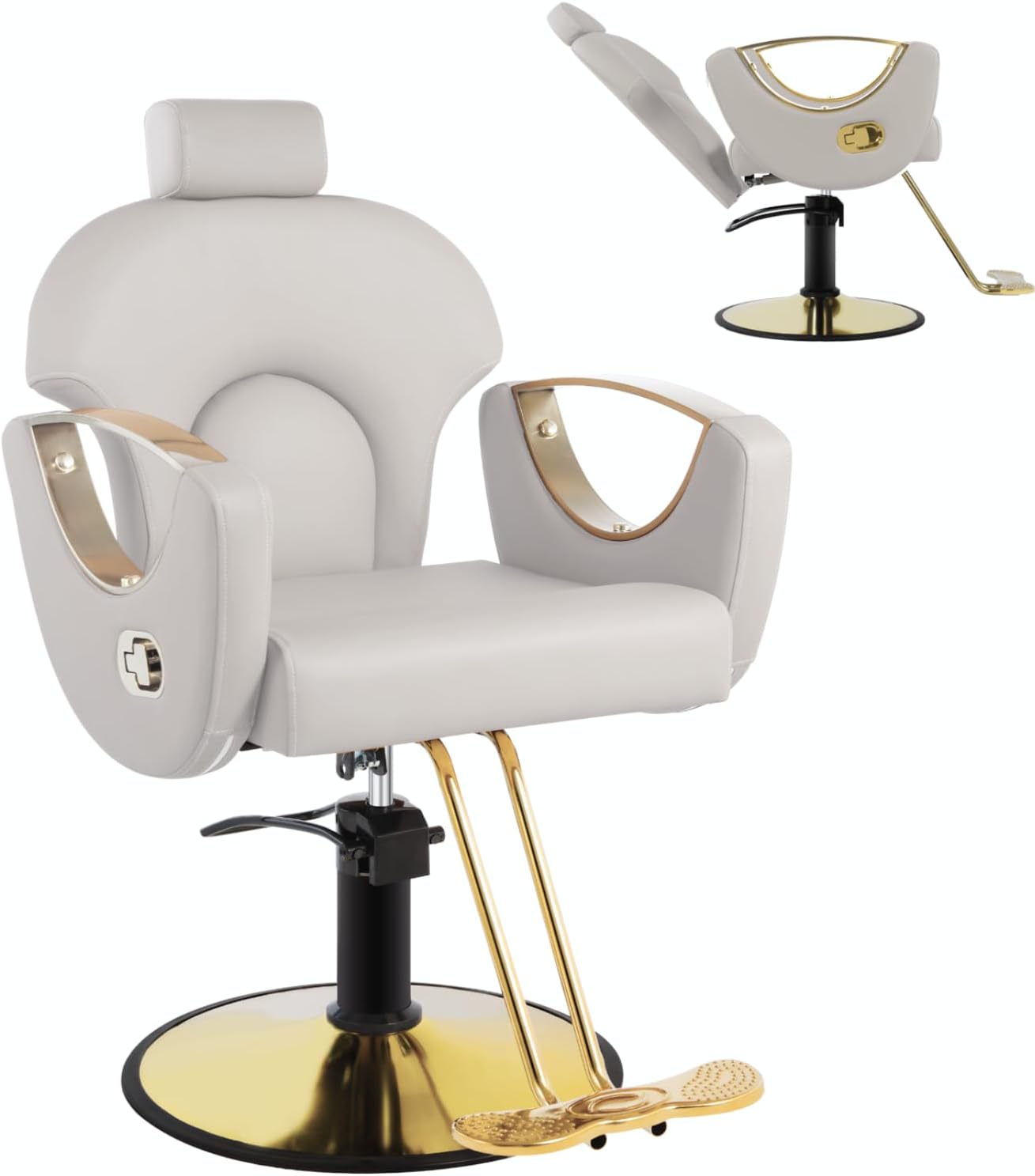 Salon Chair, Reclining Salon Chair for Hair Stylist, Barber Chair with Heavy Duty Hydraulic Pump, Hair Chairs Tattoo Braiding Beauty Spa Equipment, Light Gray Gold