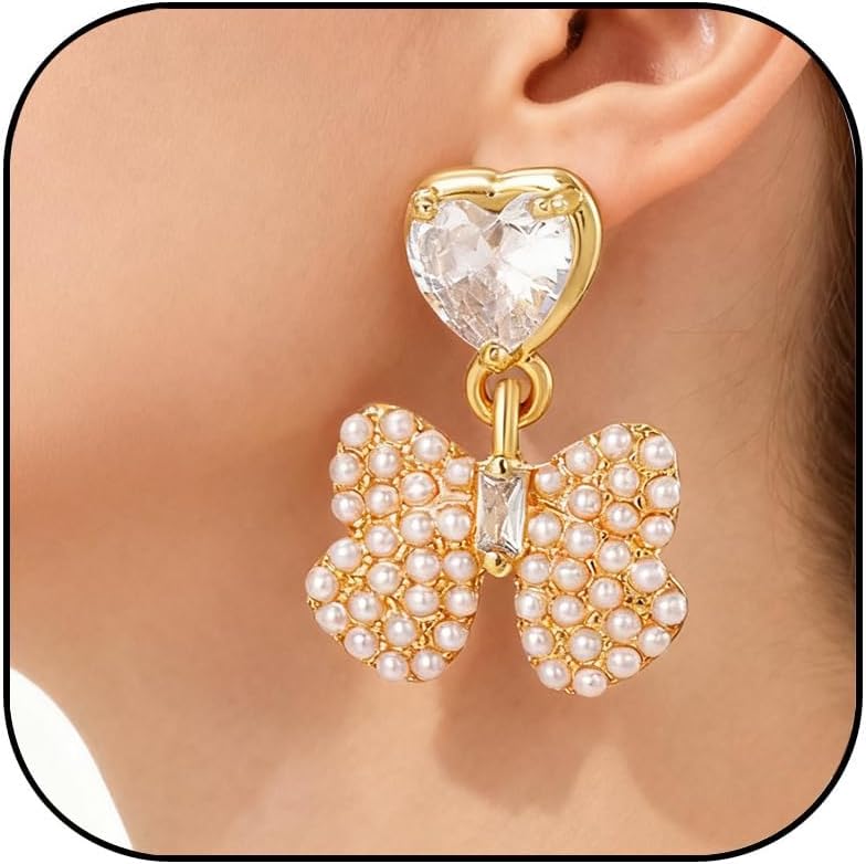 Gold Pearl Bow Stud Earrings for Women Dainty Heart Rhinestone Bow Earings Elegant Bride Wedding Earring Christmas Jewelry Gifts