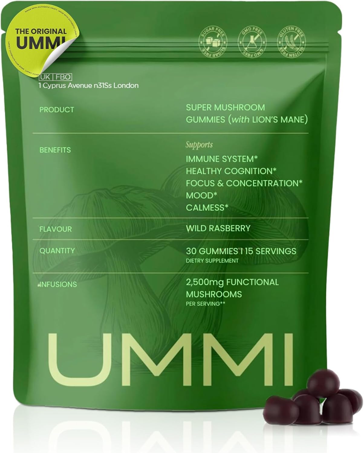 UMMI 12-in-1 Super Mushroom Gummies, 2500mg, Raspberry, 30 Gummies