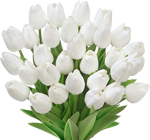 Ouddy Decor 30 piezas de tulipanes artificiales blancos falsos de poliuretano de tacto real para habitaciĂłn, oficina, mesa, fiesta, boda, decoraciĂłn Ouddy Decor 30 piezas de tulipanes artificiales blancos falsos de poliuretano de tacto real para habitaciĂłn, oficina, mesa, fiesta, boda, decoraciĂłn