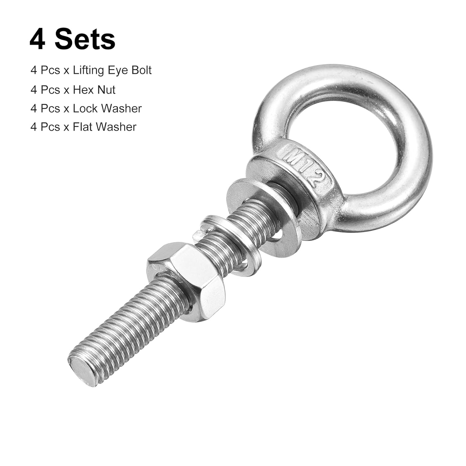 uxcell Lifting Eye Bolt, 4 Sets M12 x 70mm Eye Bolt with Nut Washer 304 Stainless Steel Shoulder Lifting Ring Eye Bolt for Hanging Item