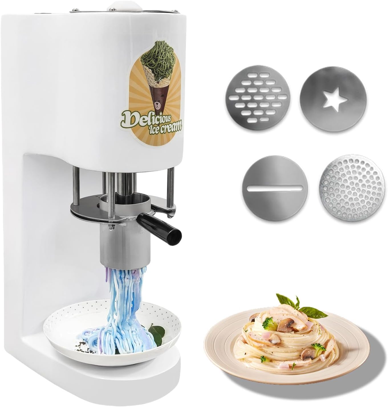 Ice Cream Noodle Maker, Commercial Spaghetti Ice Cream Press with 4 Types Forming Outlets, One-Touch Start, Easy Clean, Stainless Steel for Soft Serve & Ice Cream Desserts white
