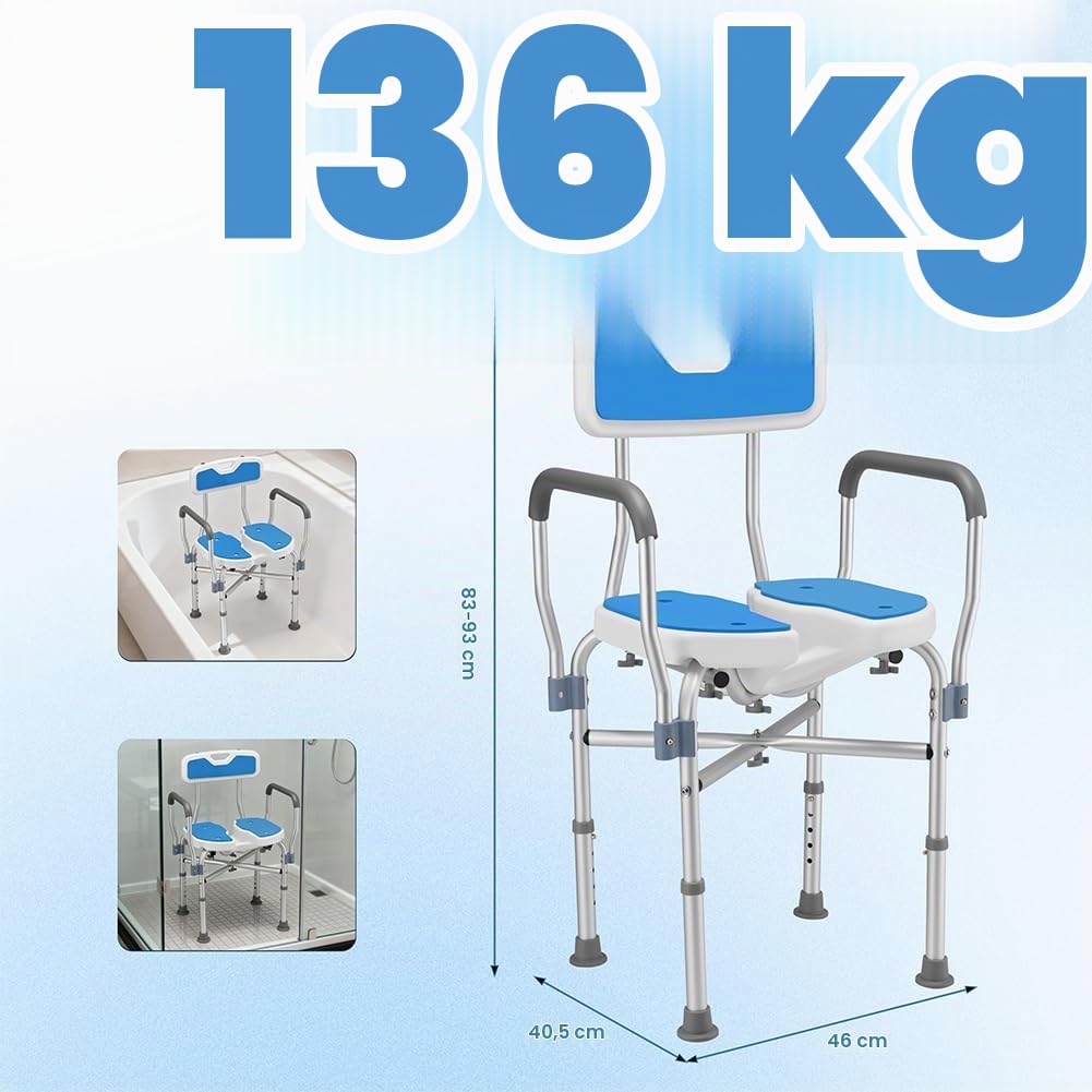 BAKAJI Sgabello da Doccia con Schienale e Braccioli, Struttura Alluminio e Seduta Ergonomica in HDPE, Sedile da Bagno per Anziani, Disabili e Persone con Mobilità Ridotta, Regolabile Altezza 83-93 cm