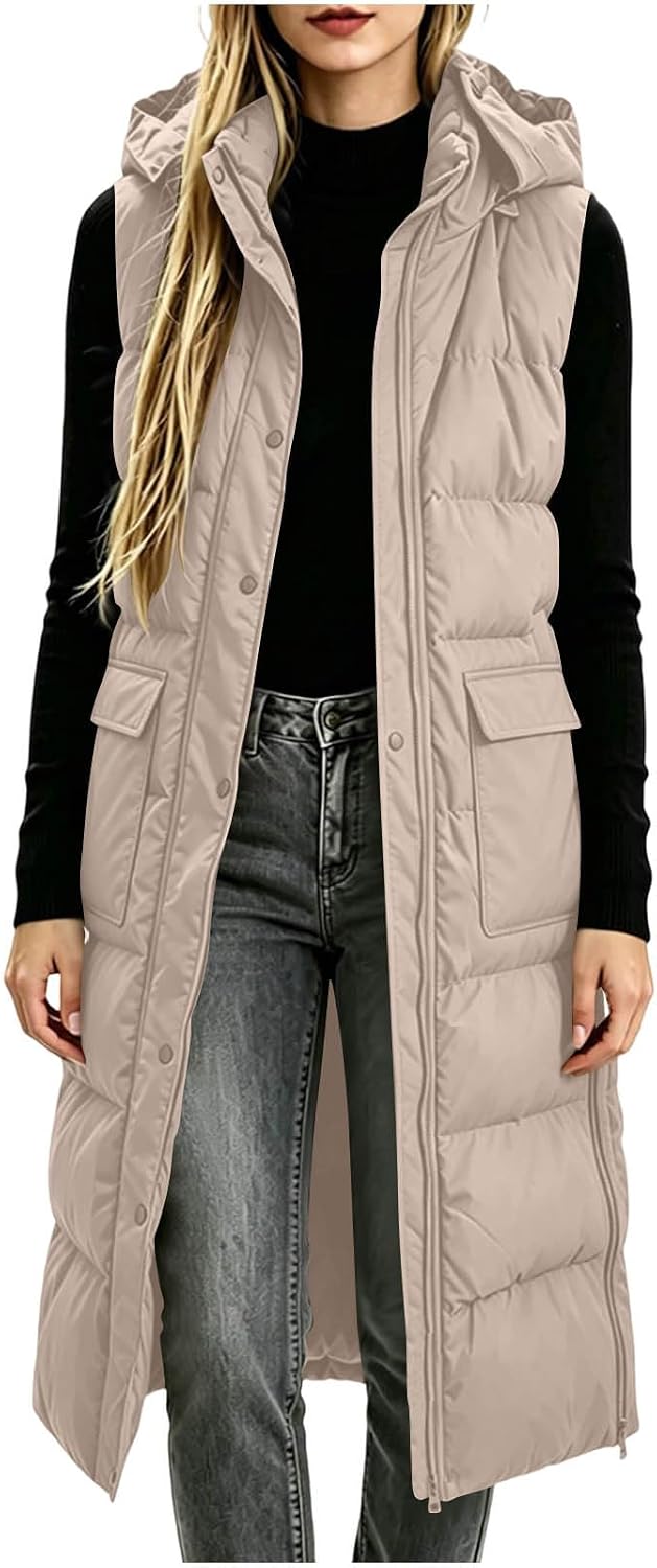 Women's Long Hooded Quilted Puffer Vest Full Zip Winter Jacket