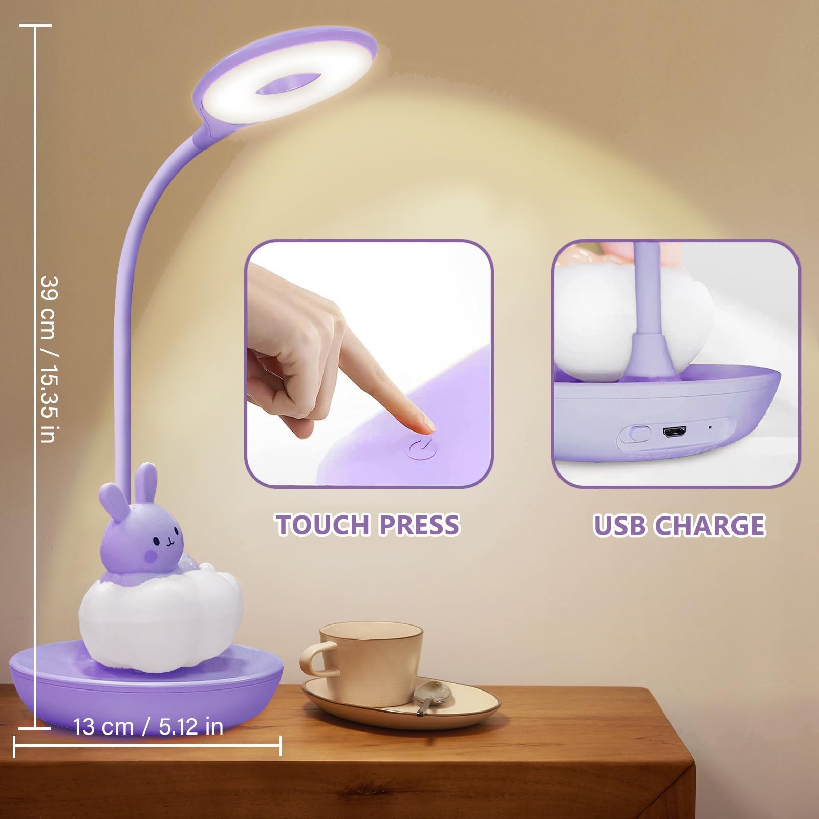 Lampada da Scrivania Bambina, Led Lampada da Tavolo 5 Luminosità 3 Modalità, Lampada Lettura Bambini Ricaricabile, Luce da Tavolo Bambini Senza Fili, Lampada da Scrivania Ragazza, Coniglio Vio