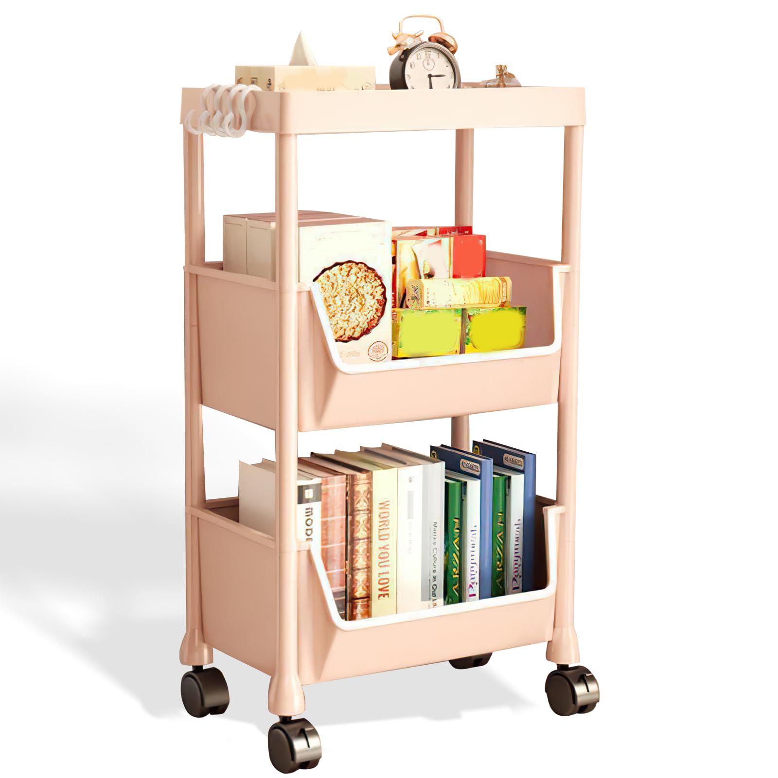 Carrito utilitario rodante de 3 niveles con ruedas y 4 prácticos ganchos, organizador de almacenamiento para cocina, baño, dormitorio, oficina (rosa)