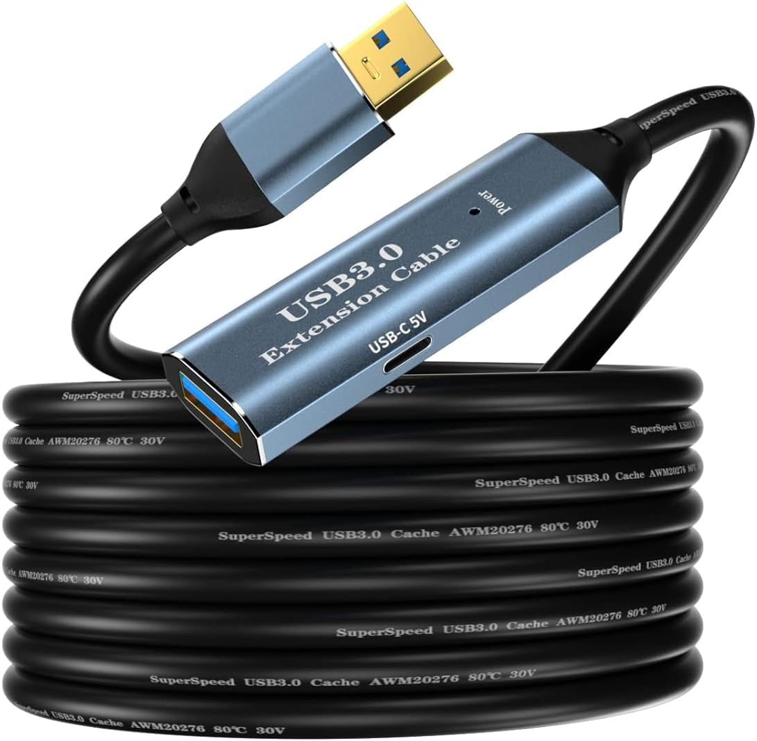 USB 3.0 Extension Active Cable, Type A Male to Female Extender Cord with USB-C Charging Port, 5GBps High-Speed Data Transfer for Webcam, PlayStation, Camera, Keyboard, Mouse (5M)