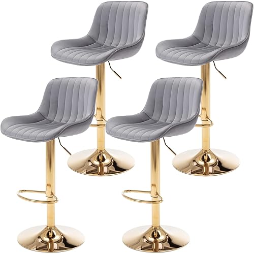 Velvet Bar Stools Set of 4 - Swivel Counter Height Barstools with Back & Adjustable Height, Modern Gold Kitchen Island Stools for Bar, Armless Pub Stools, Soft Grey Upholstered Seating