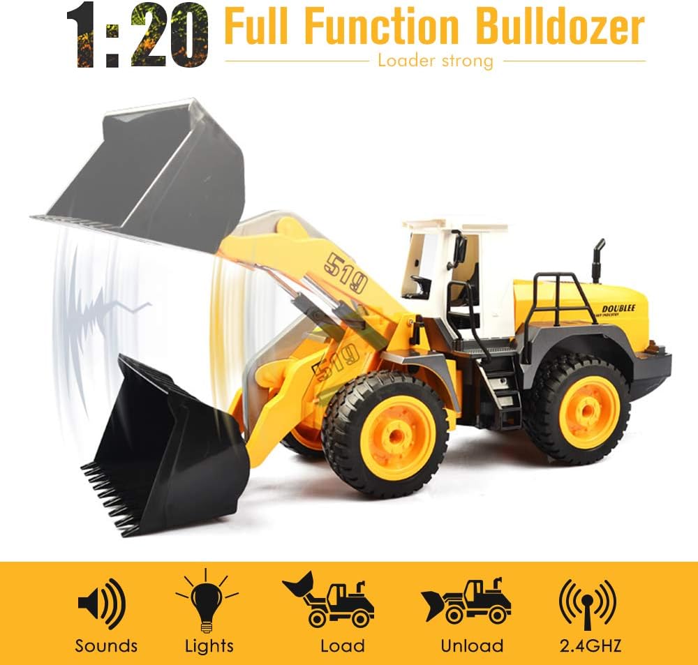 DOUBLE E RC Front Loader Bulldozer Remote Control Truck 8 Channel Construction Toys 2.4Ghz Radio Control with Simulated Lights and Sounds
