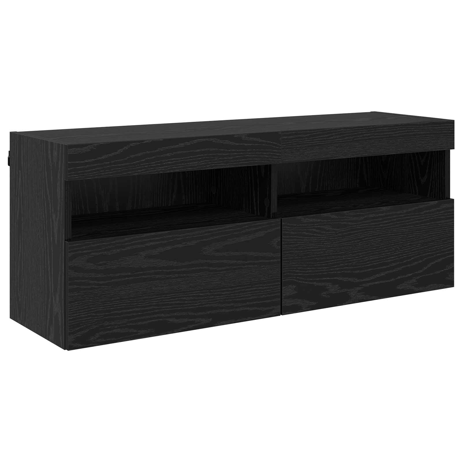 Zestaw regałów ściennych do telewizora, 7 sztuk, kolor czarny, imitacja dębu, materiał drewnopochodny, 30,5 x 30 x 104 cm, nowoczesny zestaw szafek z oświetleniem LED, do salonu, kina domowego