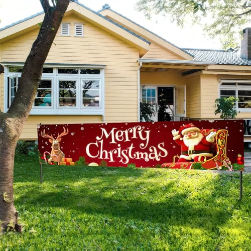 Image of Christmas Sleigh Outdoor Banner 78.7 x 17.7 Inch Santa with Reindeer on Red Background Festive Holiday Decoration for Yard Garden Fence Porch or Patio Display