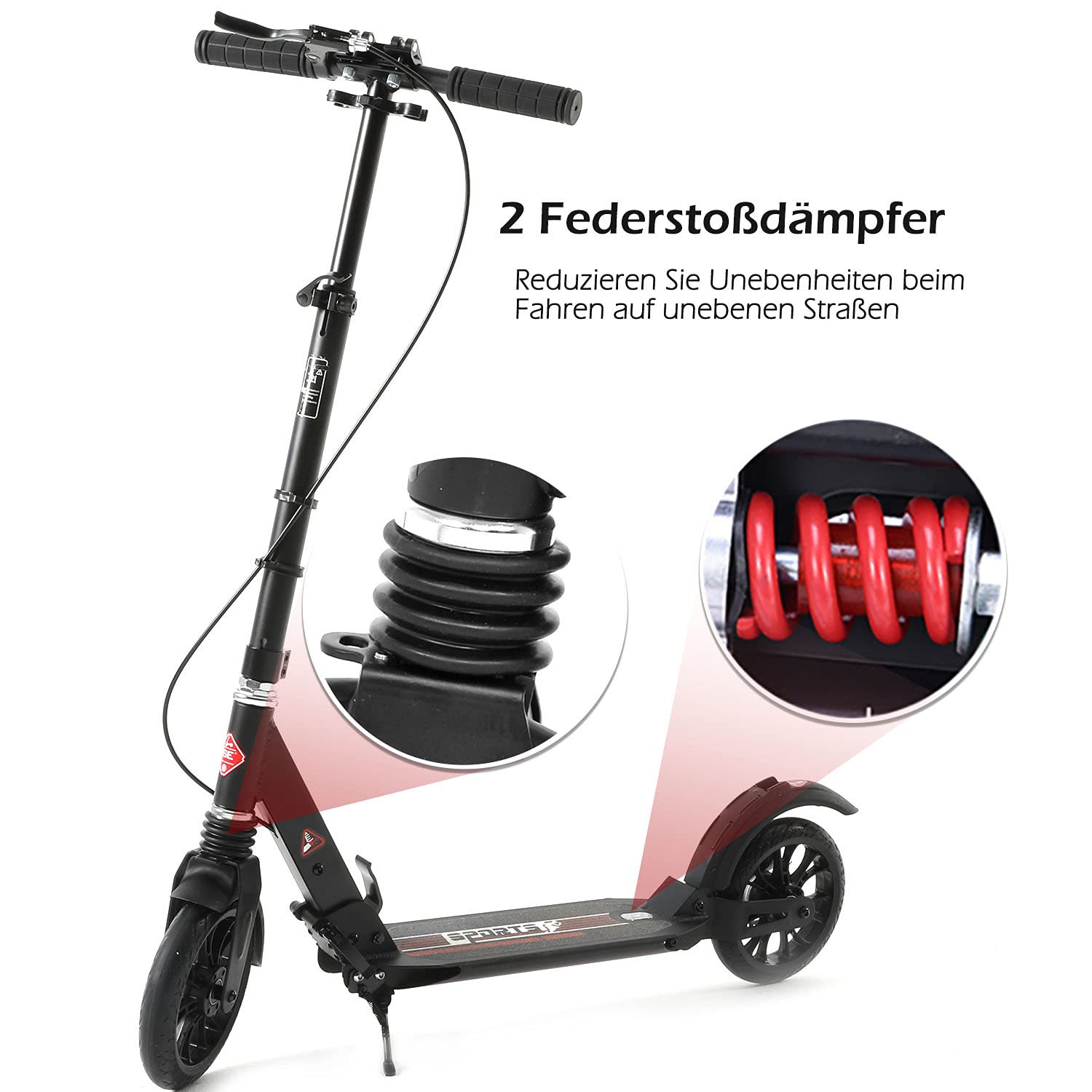 ISE Roller 200mm Big Wheel Scooter mit Doppelbremse & Federung - Klappbarer Cityroller für Erwachsene & Kinder Höhenverstellbarer Tretroller bis 100kg, inkl. Tragegurt & Handbremse