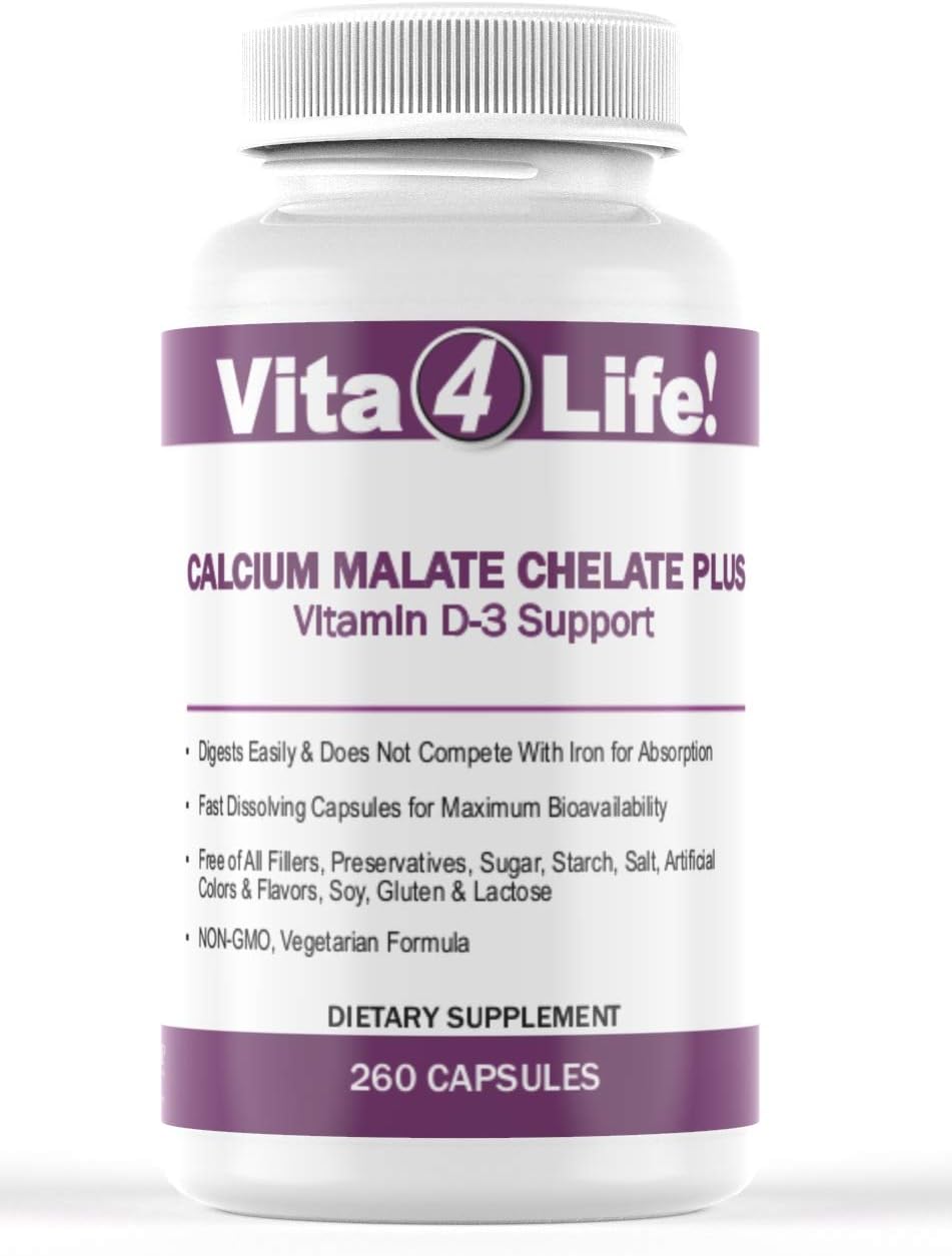 Vita4Life!® Calcium Malate + D3 Fast-Dissolve Capsules, 1200 mg Bioavailable Calcium, 800 IU Vitamin D₃, Non-GMO, Gluten- & Dairy-Free (260 Count)