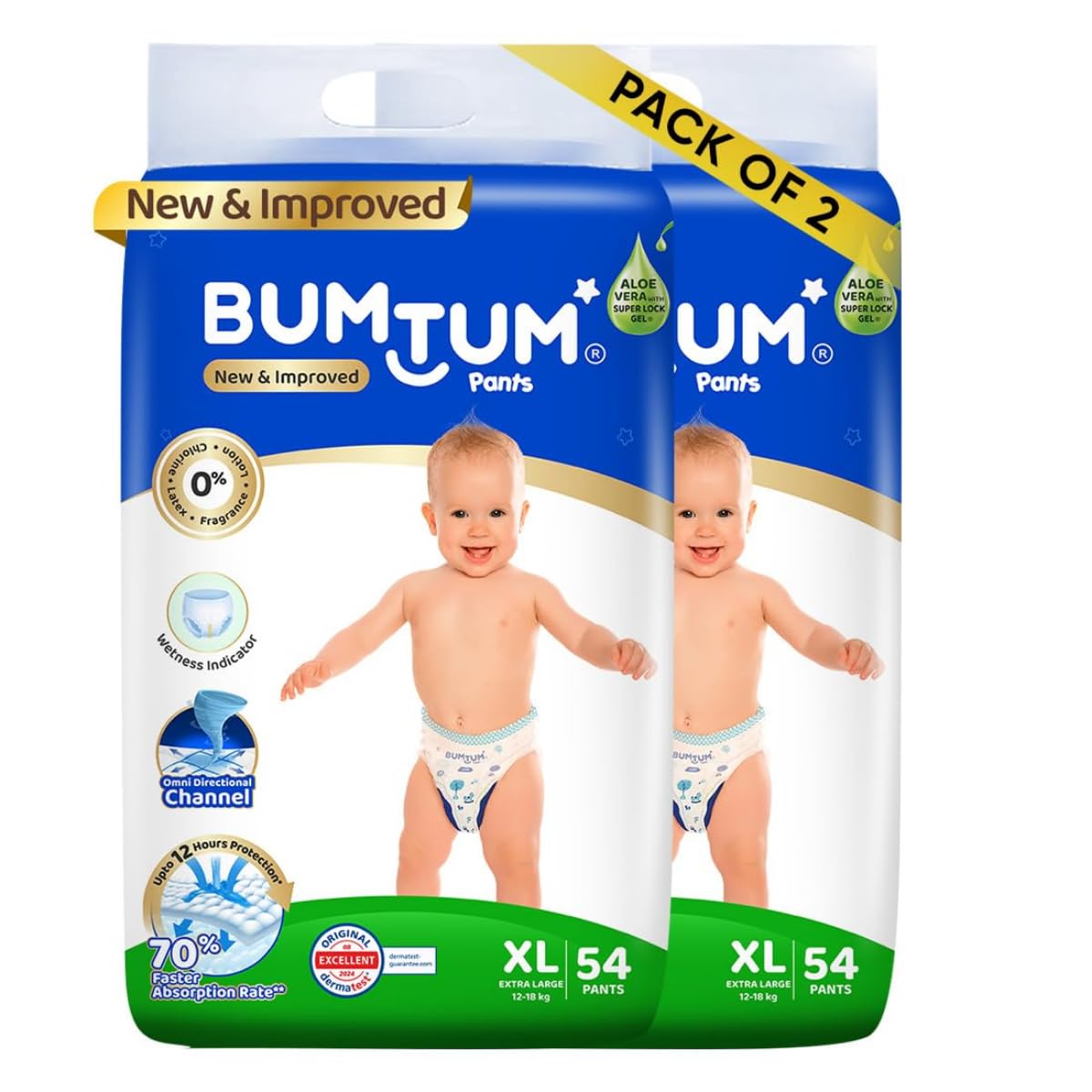 Bumtum Baby Diaper Pants, XL Size, 108 Count, Double Layer Leakage Protection Infused With Aloe Vera, Cottony Soft High Absorb Technology (Pack of 2)
