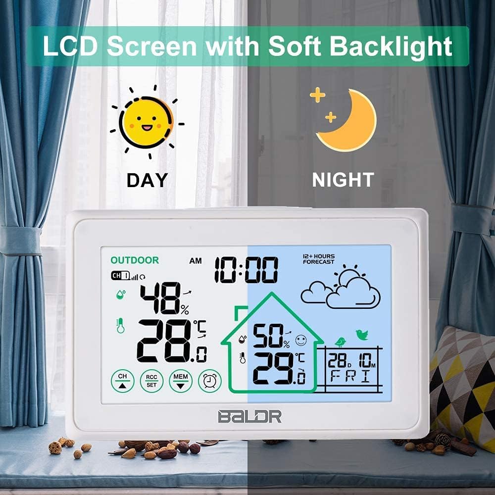 BALDR Indoor Outdoor Thermometer with Touch Control, Weather Station Clock Atomic with Forecast Station, Home Weather Thermometer Hygrometer Station with Larger Backlight Display, 300ft+ Range, White