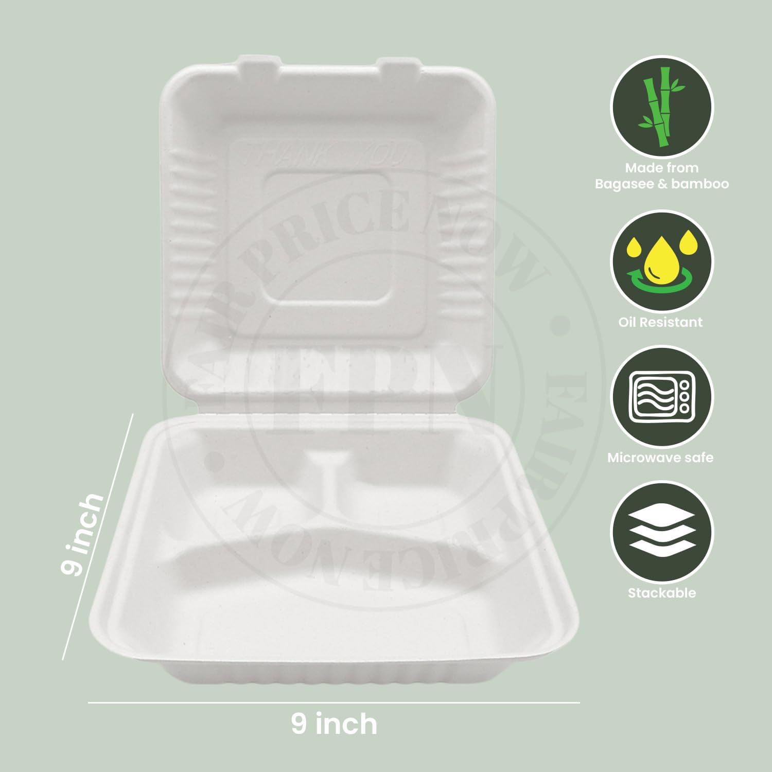 FPN 3 Compartment Clamshell Takeout Boxes 9x9 – 75 Pack Heavy-Duty Compostable Sugarcane Bagasse Food To Go Containers | Microwave Safe Disposable Meal Prep & Restaurant Packaging