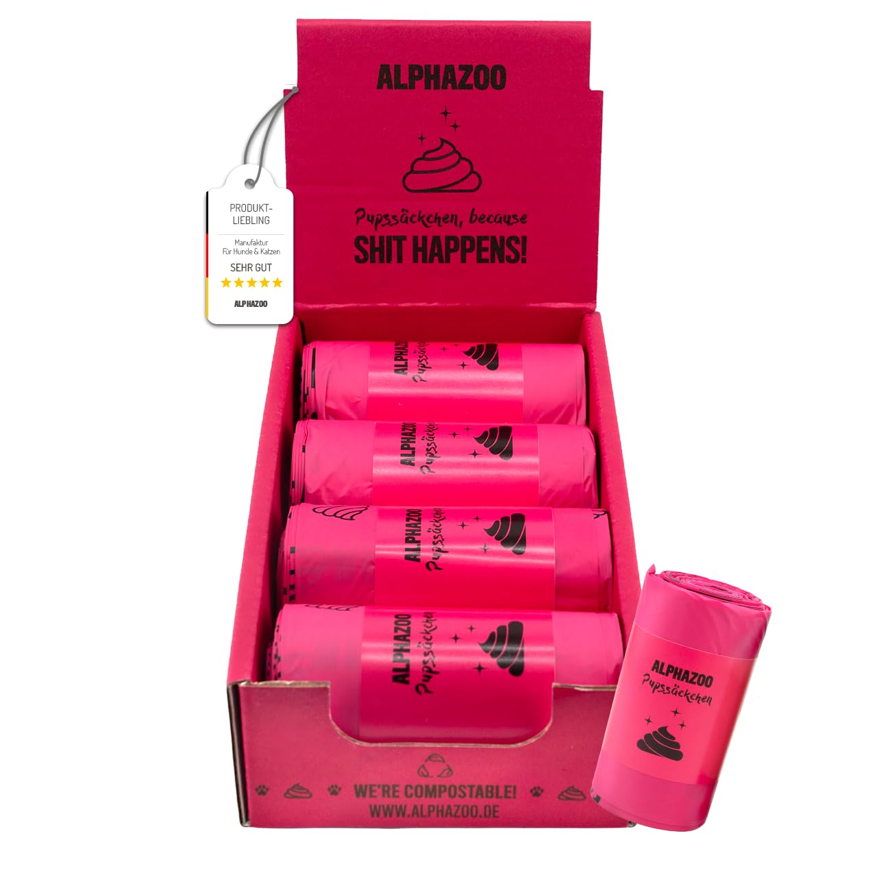 alphazoo Pupssäckchen Kotbeutel 120 Stück Pink - biologisch abbaubare Hundekotbeutel kompostierbar - Gassibeutel reißfest auslaufsicher geruchsdicht - umweltfreundlich - 30 Beutel pro Rolle