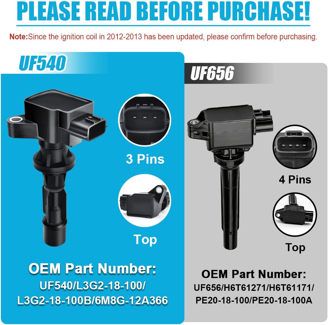 MAS Set of 4 Ignition Coils Pack Compatible with 2006-2015 Mzda 3 6 2.0L 2.3L 2.5L Replacement for C1683 UF540 L3G218100A 5C1740 3 Pins
