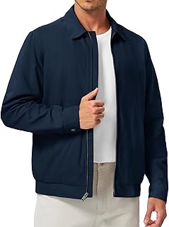 Men's Casual Cotton Jacket Lightweight Full Zip Canvas Lapel Jackets Business Work Windbreaker with 3 Pockets