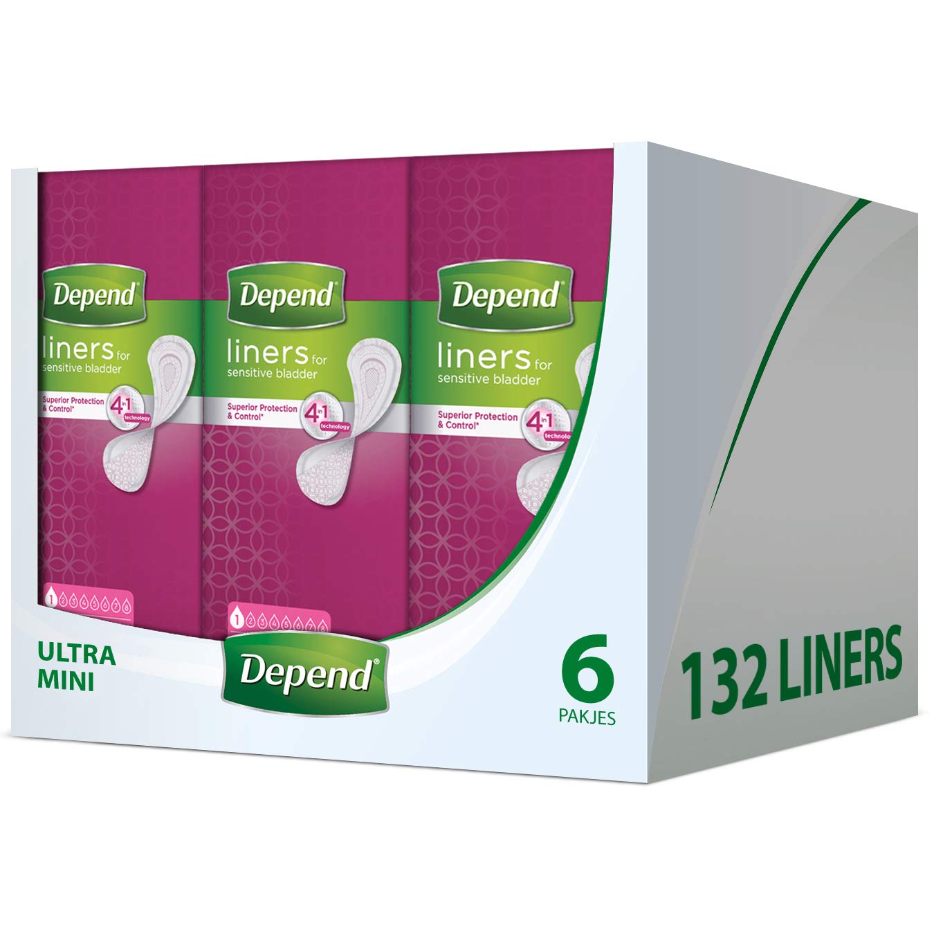 Depend panty liner - Incontinencia y pérdida de orina - Mujeres - Vendaje Ultra mini - 132 piezas - Paquete de ventaja