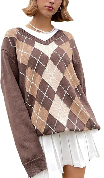 Womens Knit Sweater Pullover Classic Argyle Print Sweater Tops Preppy Vintage Long Sleeve Knitwear 90s Streetwear