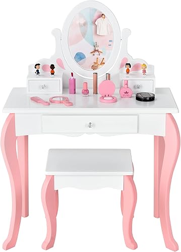 Costzon Juego de tocador para niños con espejo, tocador de maquillaje de princesa 2 en 1 con parte superior desmontable, tocador para niños pequeños