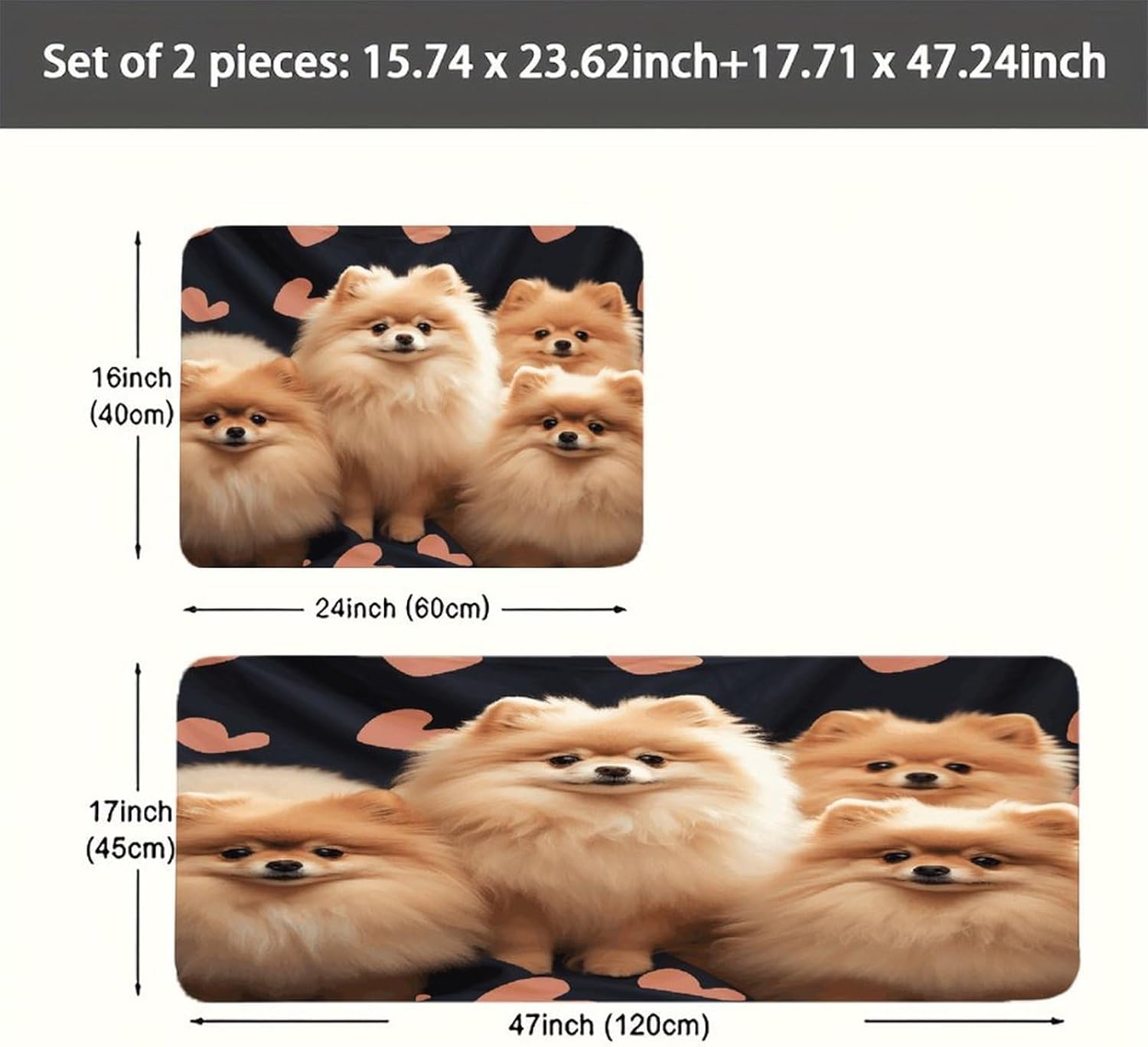Pomeranians Puppies Kitchen Mat Washable Non Slip Rugs Soft Kitchen Mats for Floor Set of 2 PCS Cushioned Absorbent Runner Standing Rugs for Home Sink Laundry Office