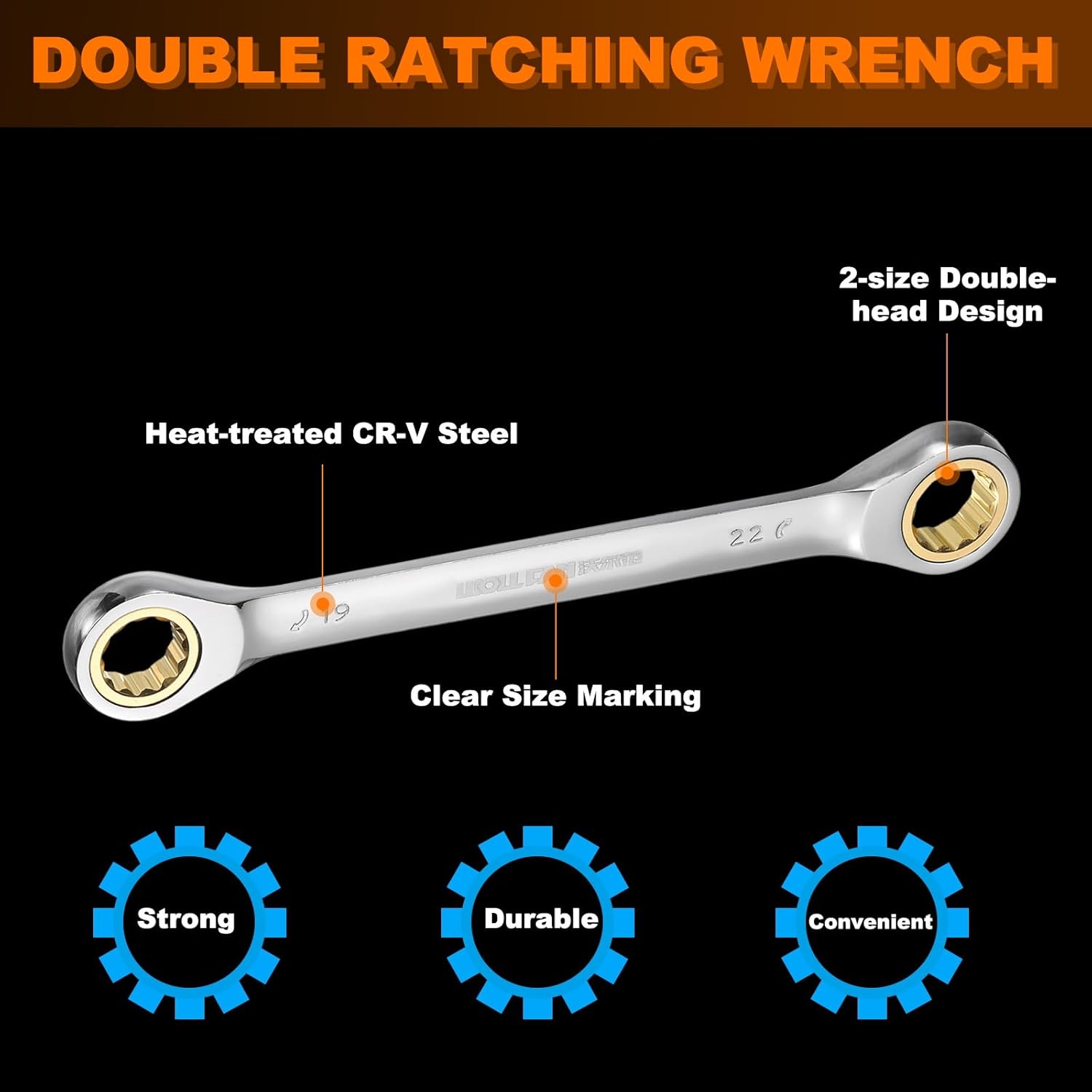 HARFINGTON Double Box End Ratcheting Wrench 19mm-22mm CR-V Steel Metric 12 Point Ratchet Wrench Black Nickel Plating Box End Spanner Tool with 72 Tooth Gear for Auto Repair DIY Project