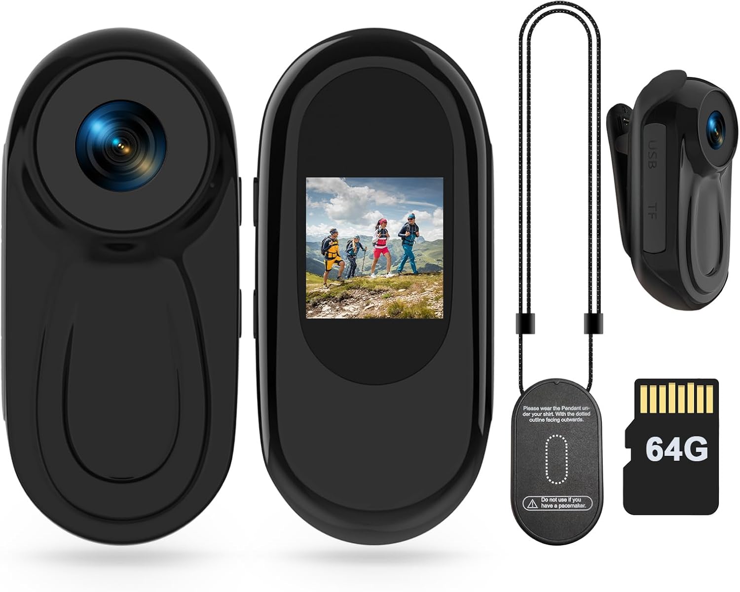 Mini Body Camera HD 1080P Thumb Action Cam, Wearable Body Cam with 64GB Card Night Vision 0.9‘ Display Magnetic Pendant, POV Cam Small Video Recorder Portable Sports Camera for Pet Cycling Vlogging NOT TESTED  INCOMPLETE 