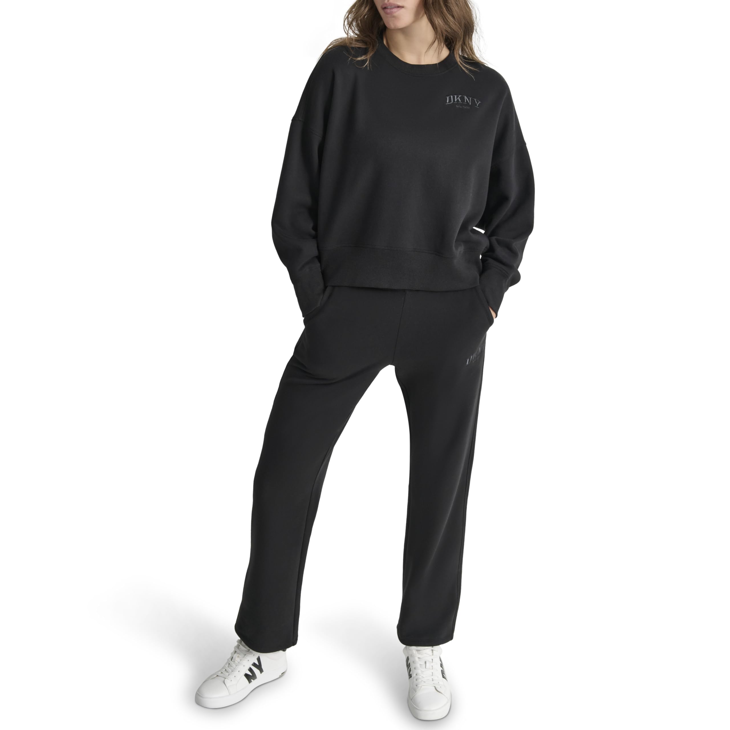 DKNY Damen Pullover Crew Varsity Embroidered Logo Blouson Sleeve Sweatshirt Kapuzenpullover