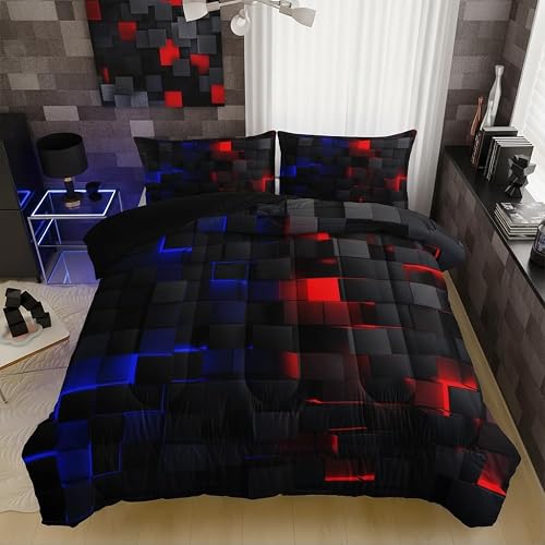 QOOMO Geometric Kids Bedding Set, 3D Neon Square Quilt Set Bedroom Decoration，Blue Red Cubes Boy Bed Set,Abstract Queen Bed Comforter Sets,Lightweight Fluffy Down Duvet(1 Comforter & 2 Pillowcases)