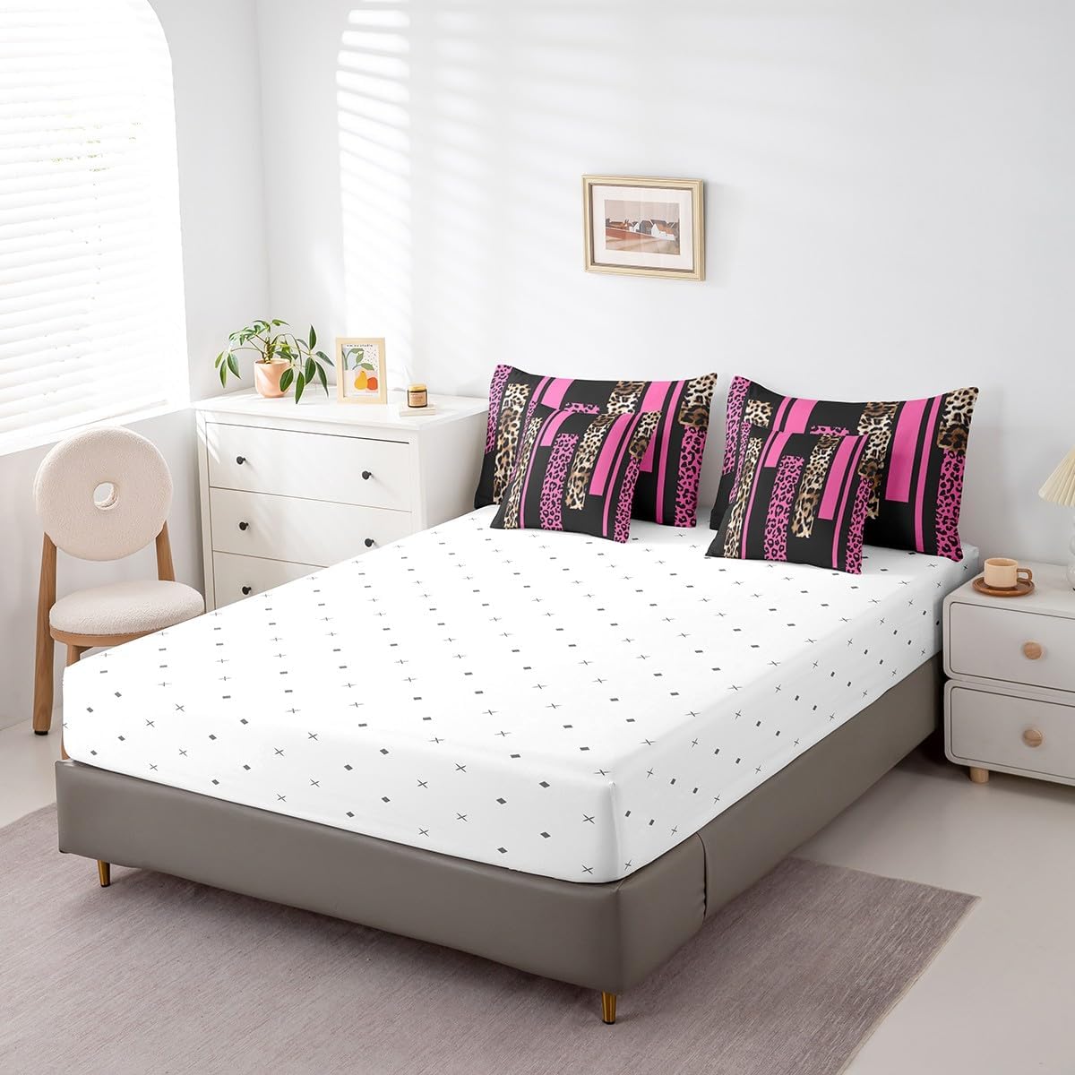 7 Pieces Queen Size Leopard Comforter Set,Abstract Wlid Cheetah Skin Rustic Bedding Set,Geometric Stripes Patchwork Fashion Pink Brown（Comforter+Fitted+Flat Sheet+2 Pillowcases+2 Throw Pillow Covers）