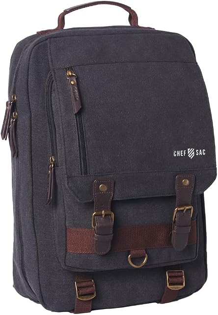 Chef Knife Bag Retro Backpack | 20+ Slots for Knives and Chef Tools | Knife Carrying Case with Hidden Back Pocket for Tablet | Sturdy Knife Bags for Chefs & Culinary Students | Premium Canvas (Black)